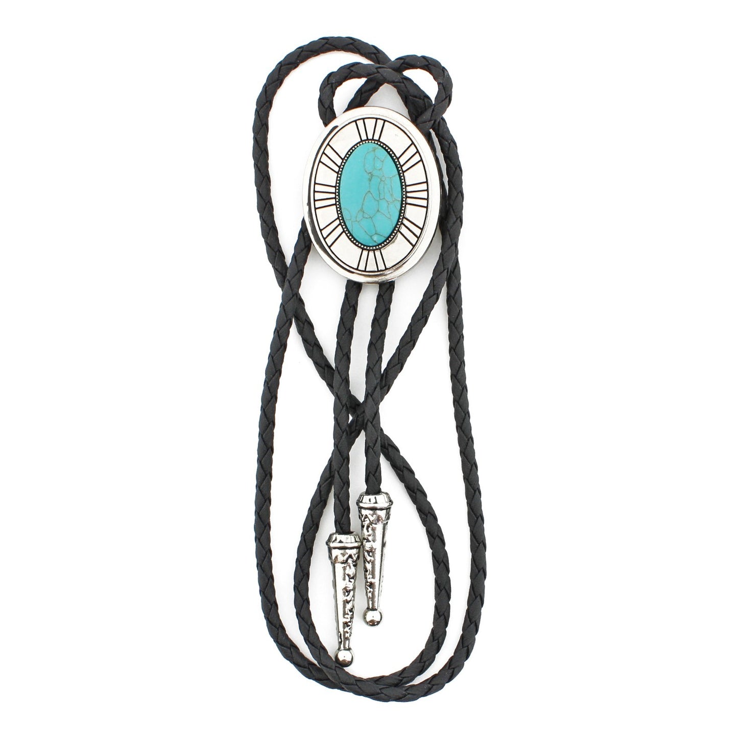 Silver Tone Oval Turquoise Stone Western Bolo Tie 40 in Adjustable Leather Cord