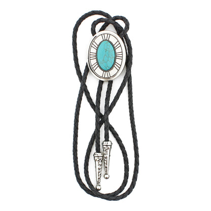 Silver Tone Oval Turquoise Stone Western Bolo Tie 40 in Adjustable Leather Cord