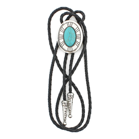 Silver Tone Oval Turquoise Stone Western Bolo Tie 40 in Adjustable Leather Cord