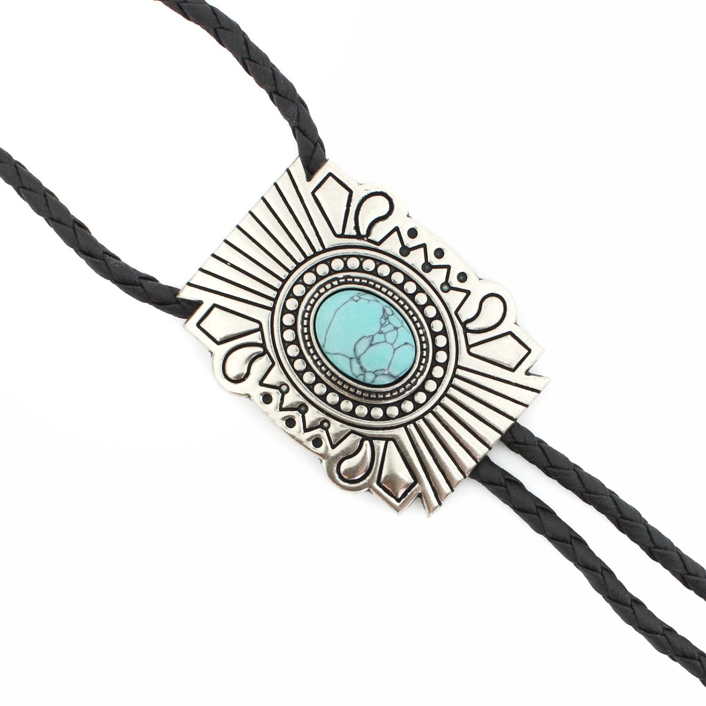 Silver Tone Oval Turquoise Stone Aztec Bolo Tie 40 in Adjustable Leather Cord