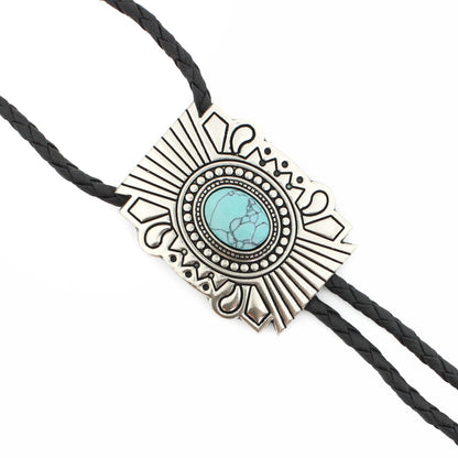 Silver Tone Oval Turquoise Stone Aztec Bolo Tie 40 in Adjustable Leather Cord
