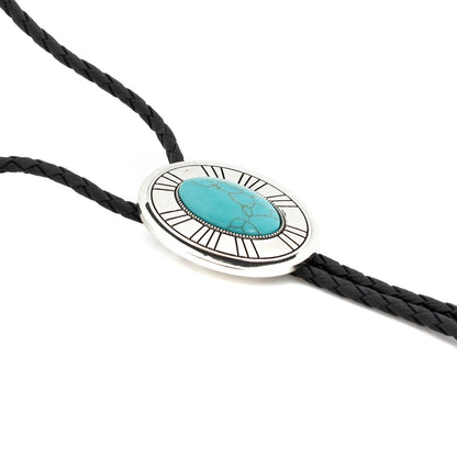 Silver Tone Oval Turquoise Stone Western Bolo Tie 40 in Adjustable Leather Cord