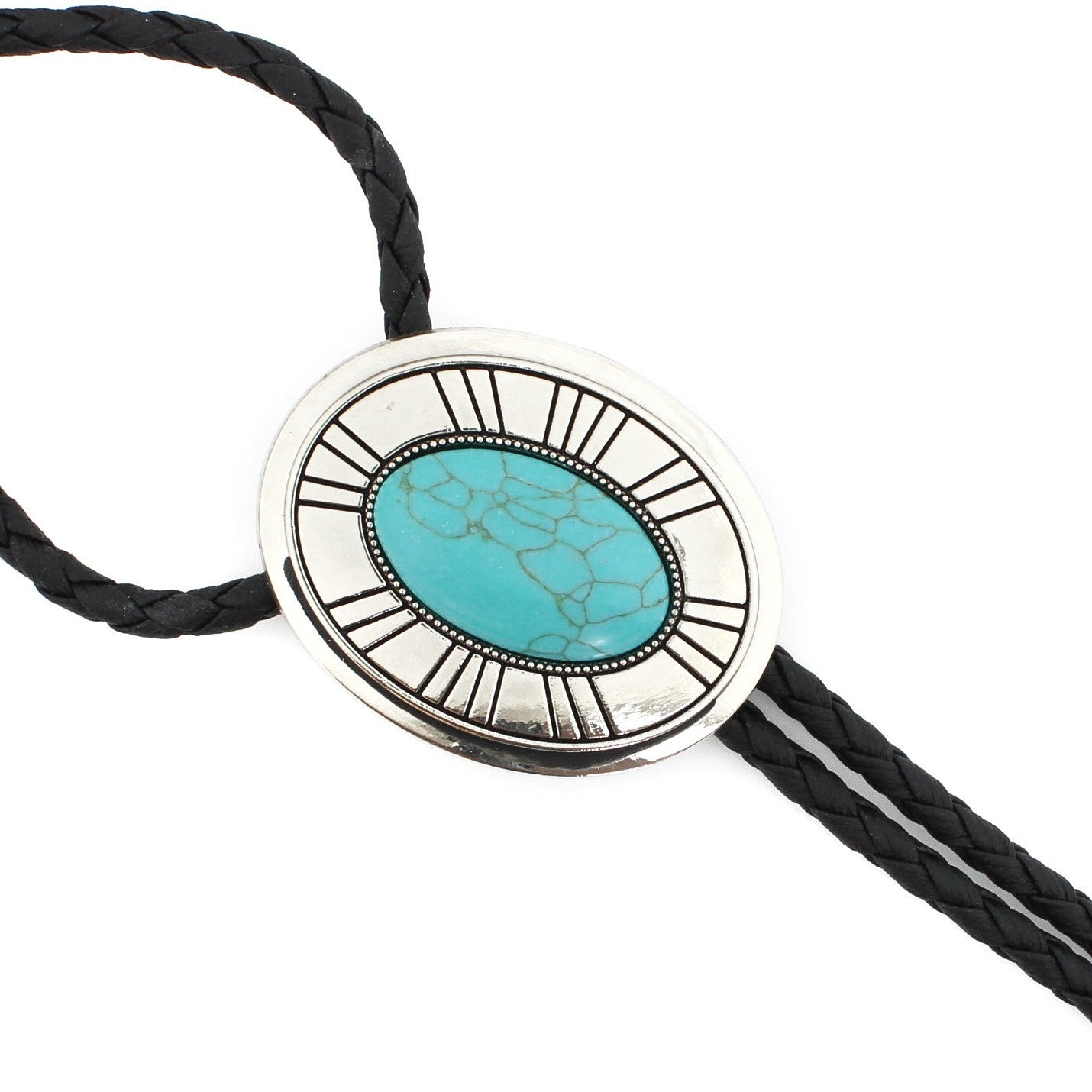 Silver Tone Oval Turquoise Stone Western Bolo Tie 40 in Adjustable Leather Cord