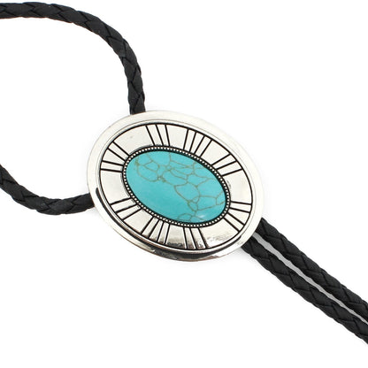 Silver Tone Oval Turquoise Stone Western Bolo Tie 40 in Adjustable Leather Cord
