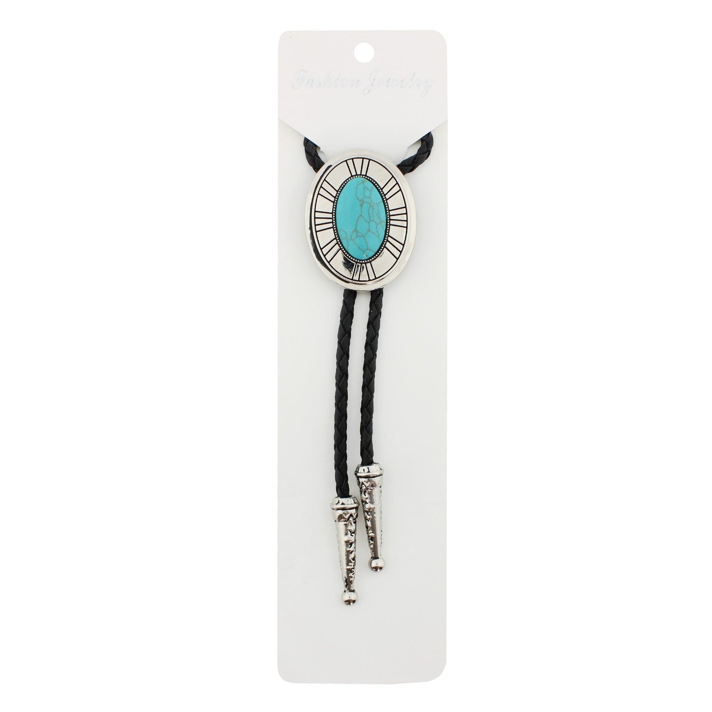 Silver Tone Oval Turquoise Stone Western Bolo Tie 40 in Adjustable Leather Cord