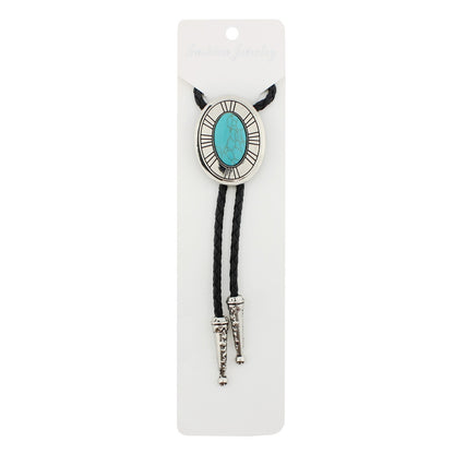 Silver Tone Oval Turquoise Stone Western Bolo Tie 40 in Adjustable Leather Cord