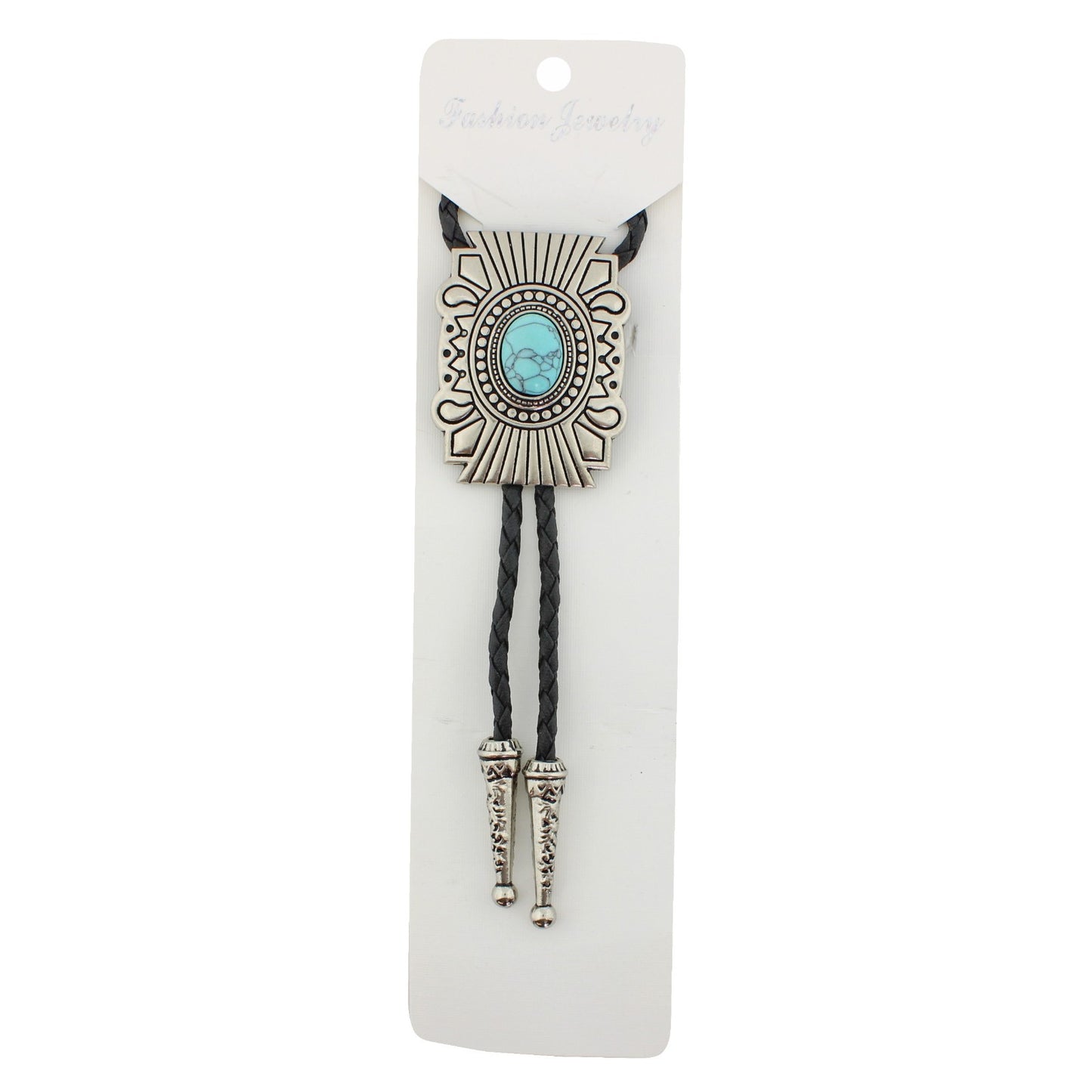 Silver Tone Oval Turquoise Stone Aztec Bolo Tie 40 in Adjustable Leather Cord