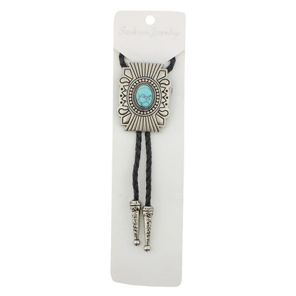 Silver Tone Oval Turquoise Stone Aztec Bolo Tie 40 in Adjustable Leather Cord