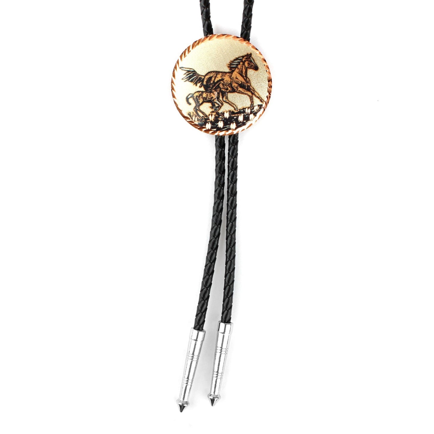 Round Etched Running Horses Copper Bolo Tie 40 inch Black Cord Made in USA