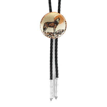 Round Etched Howling Wolf Moon Copper Bolo Tie 40 inch Black Cord Made in USA