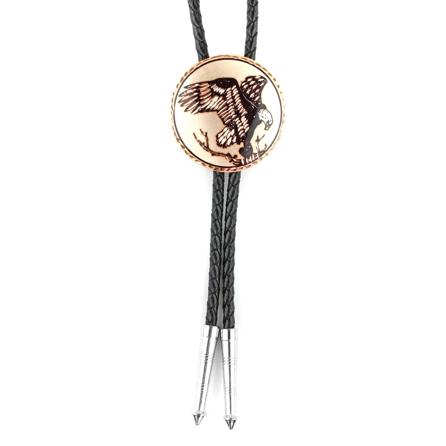 Round American Eagle Nest Copper Bolo Tie 40 inch Black Cord Made in USA