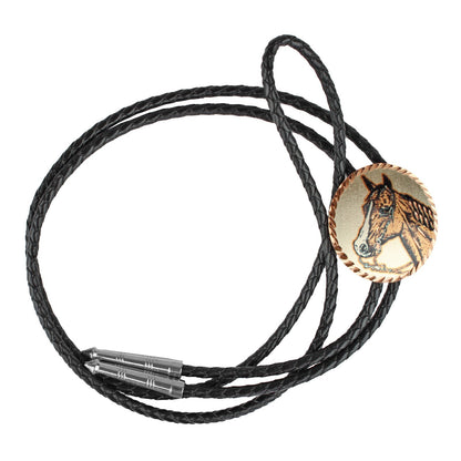Round Etched Copper Horse Head Western Bolo Tie 40 inch Black Cord Made in USA