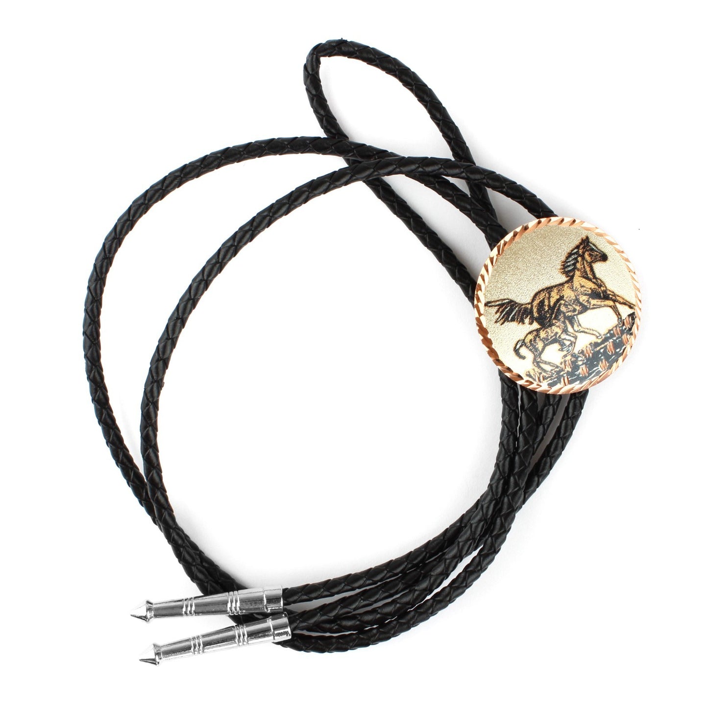 Round Etched Running Horses Copper Bolo Tie 40 inch Black Cord Made in USA