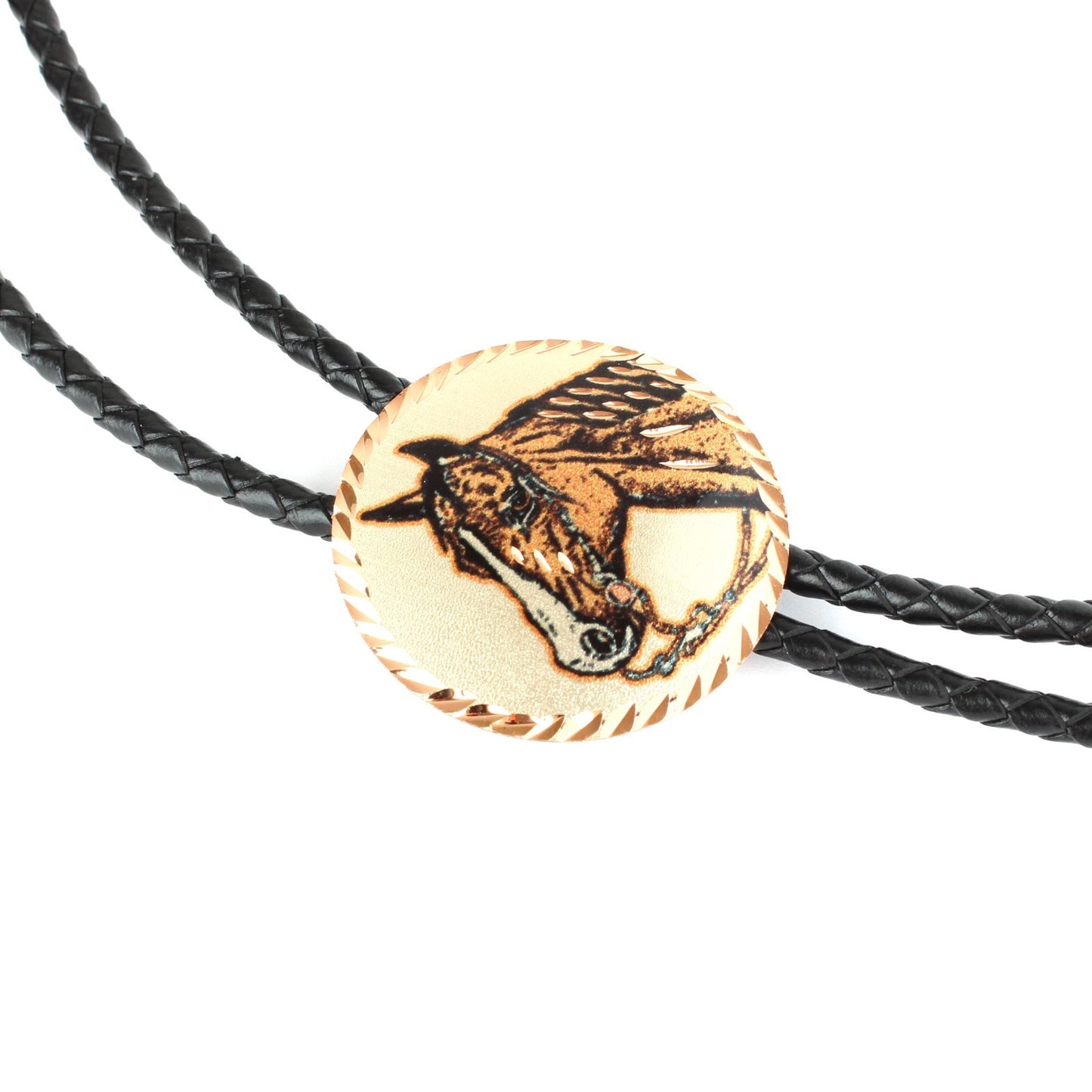 Round Etched Copper Horse Head Western Bolo Tie 40 inch Black Cord Made in USA