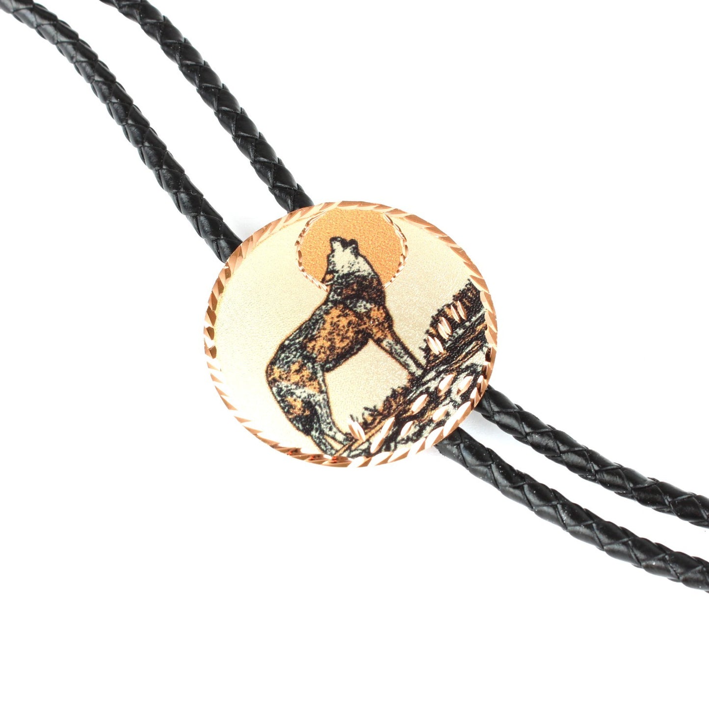 Round Etched Howling Wolf Moon Copper Bolo Tie 40 inch Black Cord Made in USA