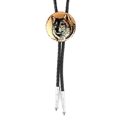 Round Etched Wolf Face Copper Bolo Tie 40 inch Black Cord Made in USA