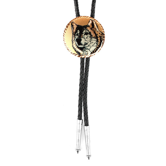 Round Etched Wolf Face Copper Bolo Tie 40 inch Black Cord Made in USA