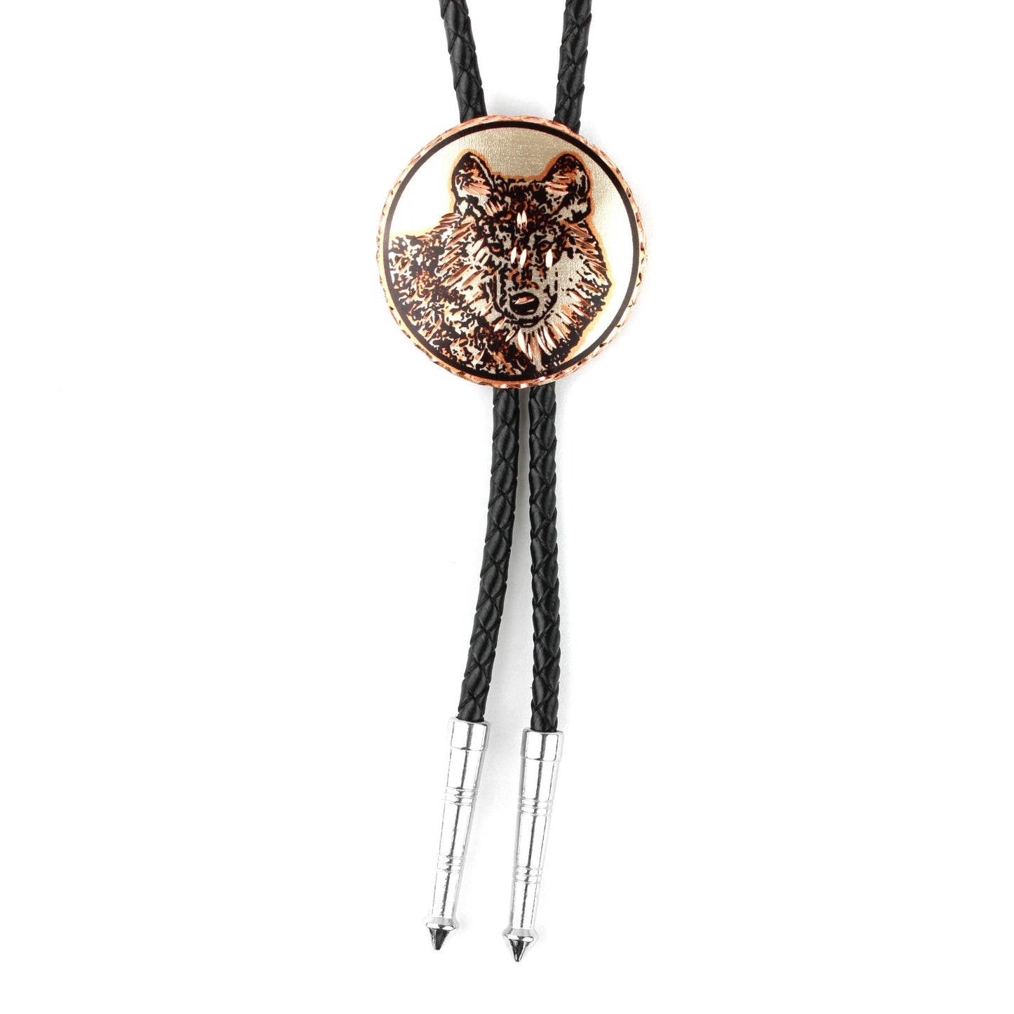 Round Etched Wolf Head Copper Bolo Tie 40 inch Black Cord Made in USA