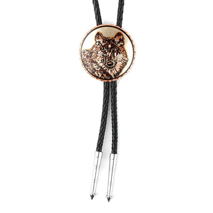 Round Etched Wolf Head Copper Bolo Tie 40 inch Black Cord Made in USA