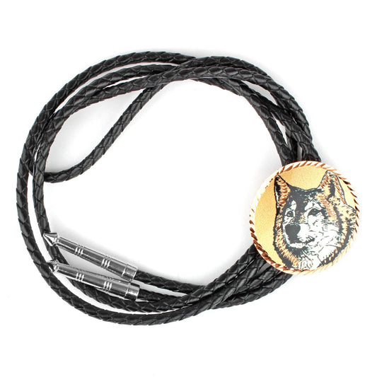 Round Etched Wolf Face Copper Bolo Tie 40 inch Black Cord Made in USA