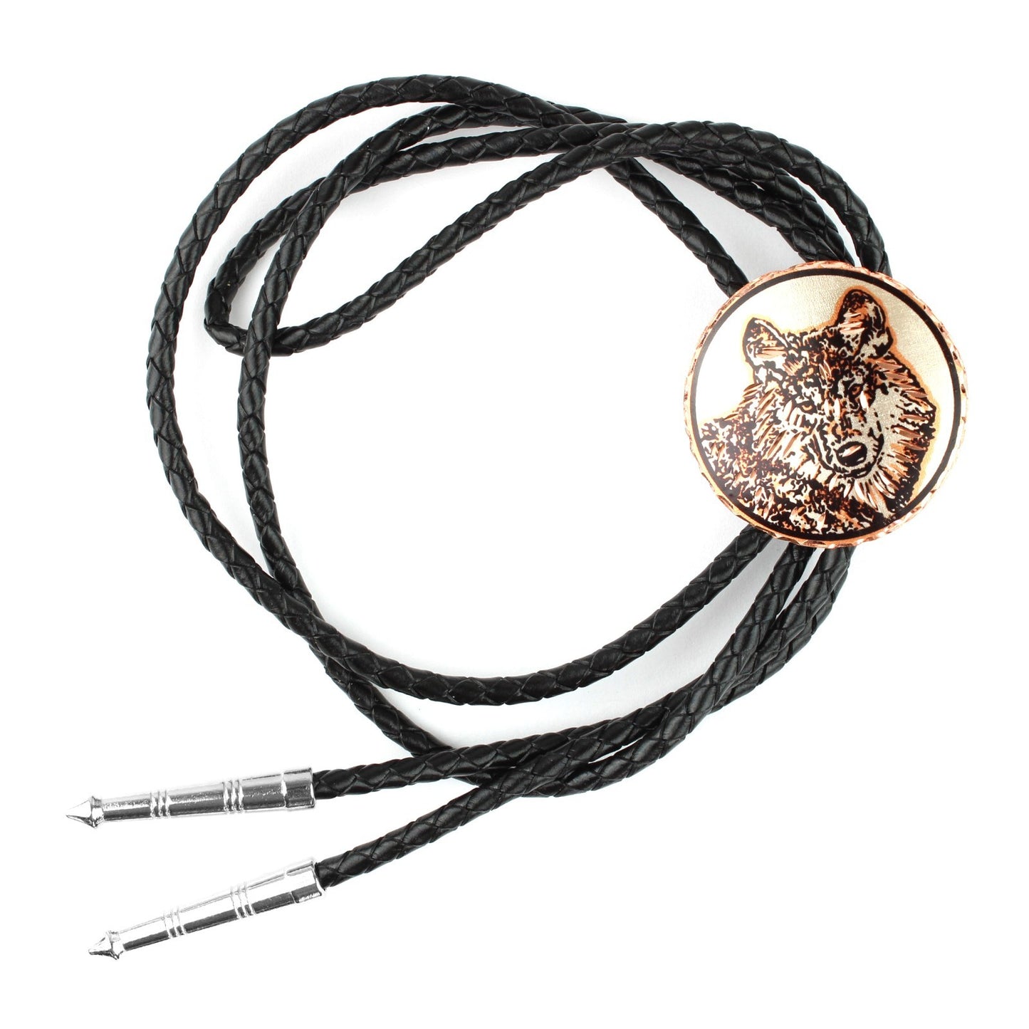 Round Etched Wolf Head Copper Bolo Tie 40 inch Black Cord Made in USA