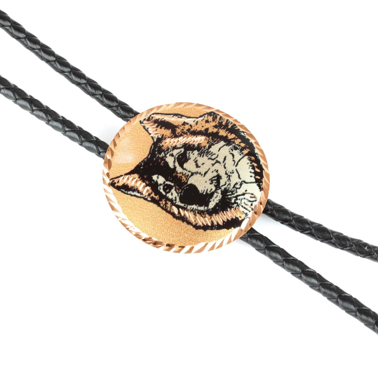Round Etched Wolf Face Copper Bolo Tie 40 inch Black Cord Made in USA