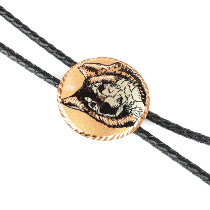 Round Etched Wolf Face Copper Bolo Tie 40 inch Black Cord Made in USA