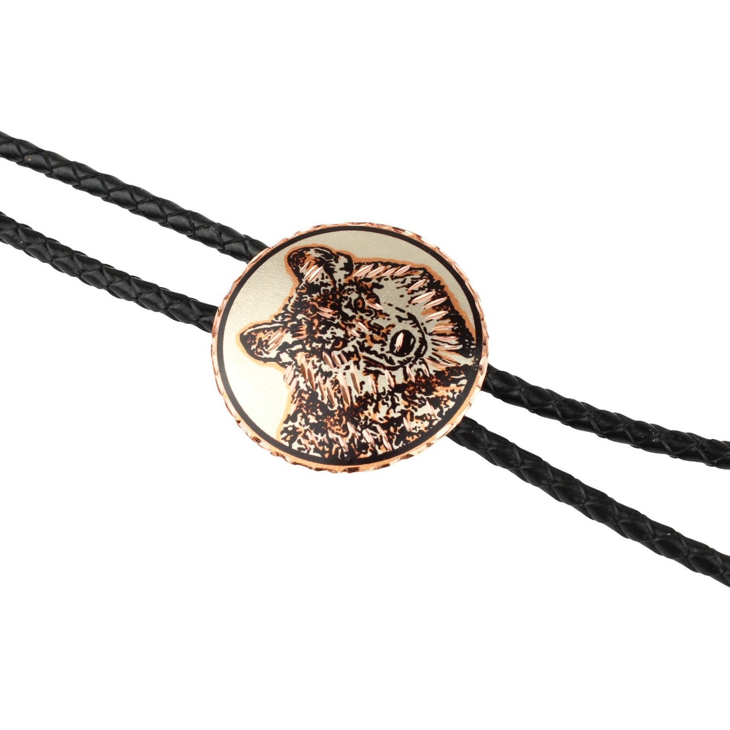 Round Etched Wolf Head Copper Bolo Tie 40 inch Black Cord Made in USA