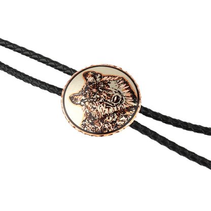 Round Etched Wolf Head Copper Bolo Tie 40 inch Black Cord Made in USA
