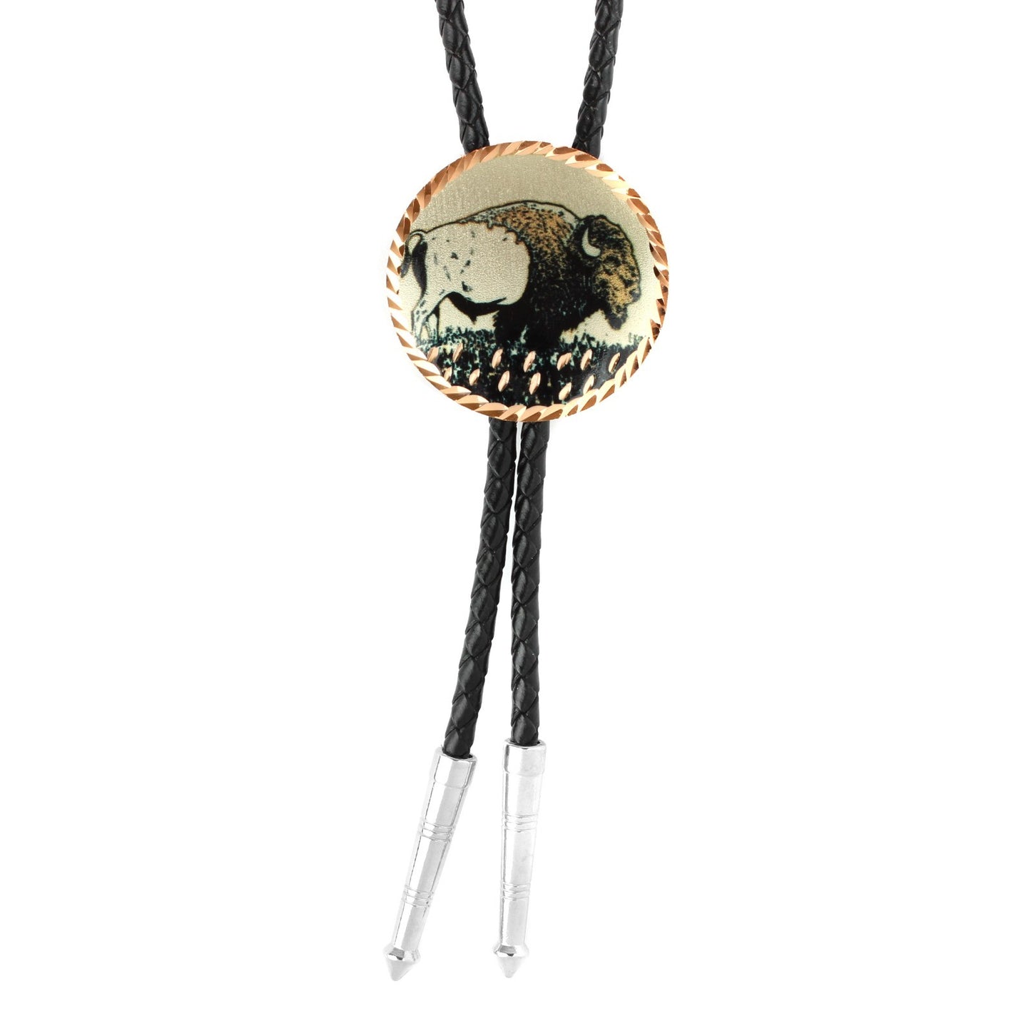 Round Etched Copper Buffalo Western Bolo Tie 40 inch Black Cord Made in USA