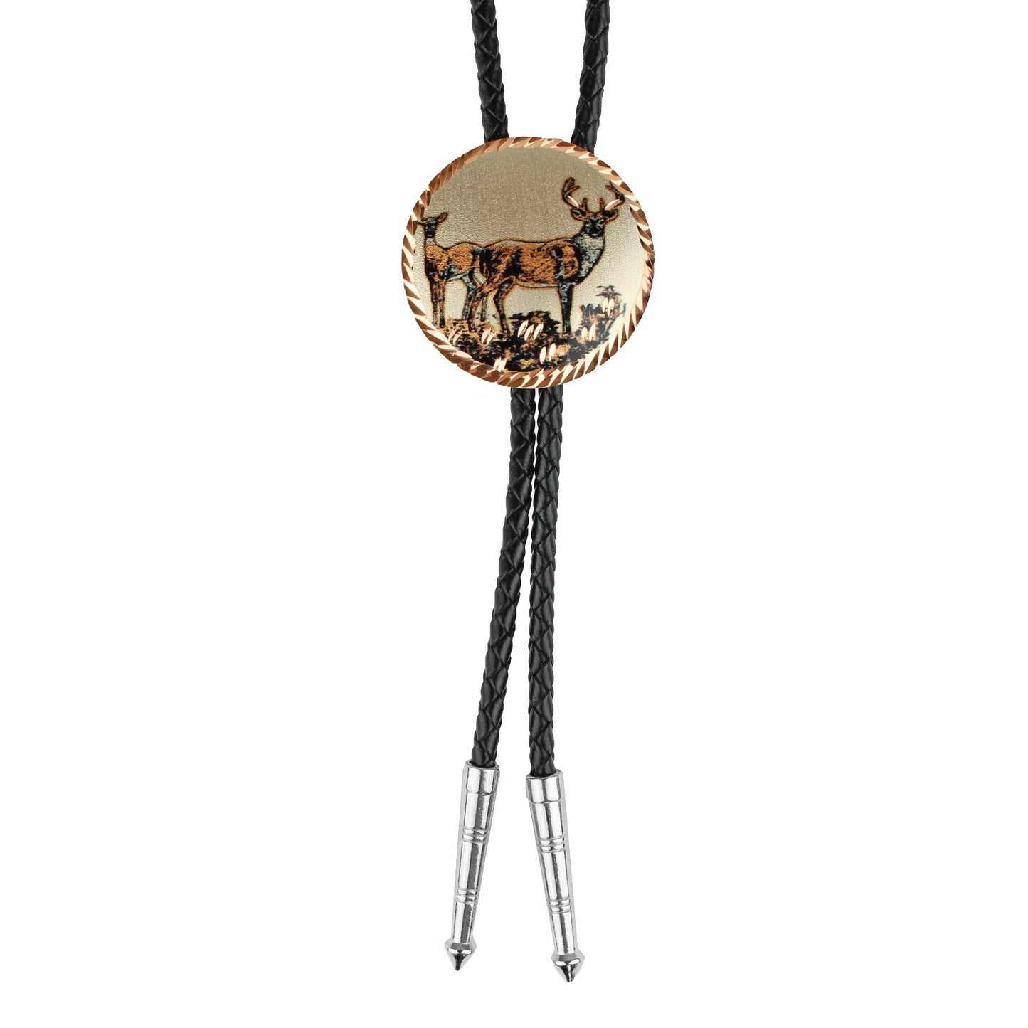 Round Etched Copper White-Tailed Deer Bolo Tie 40 inch Black Cord Made in USA