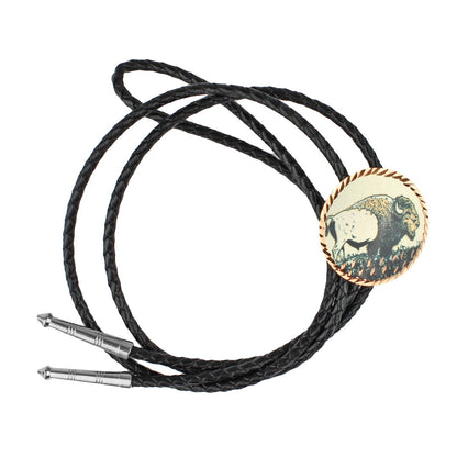 Round Etched Copper Buffalo Western Bolo Tie 40 inch Black Cord Made in USA