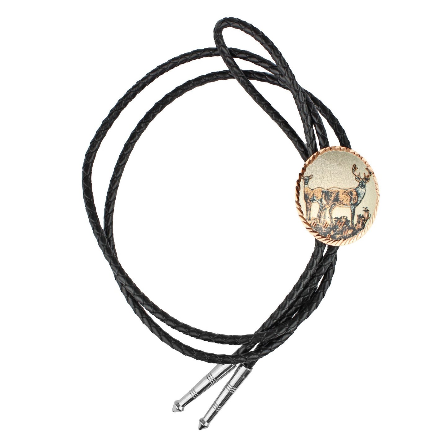 Round Etched Copper White-Tailed Deer Bolo Tie 40 inch Black Cord Made in USA
