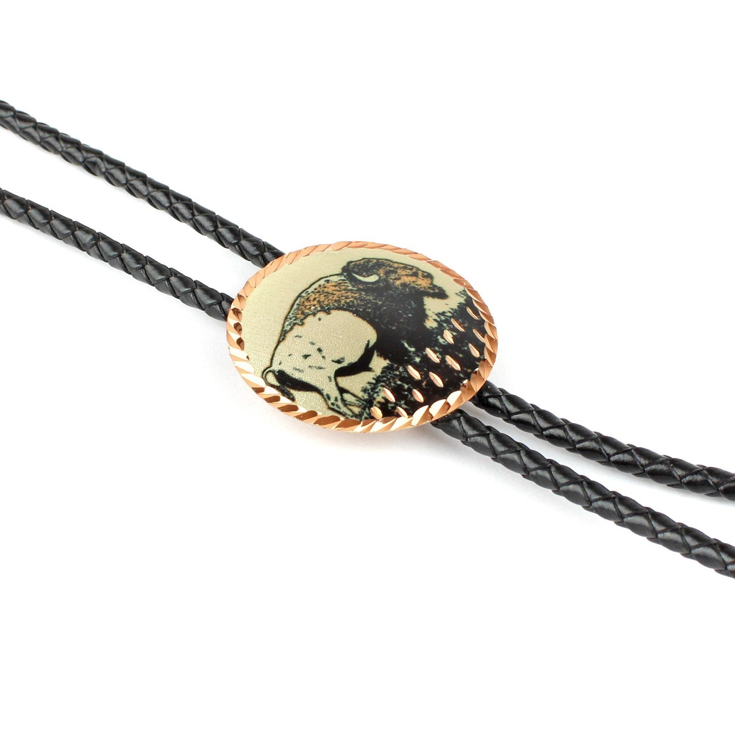 Round Etched Copper Buffalo Western Bolo Tie 40 inch Black Cord Made in USA
