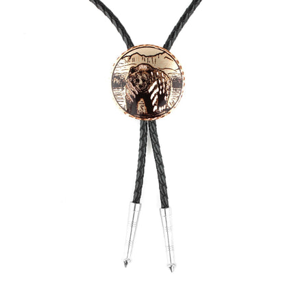 Round Etched Copper Grizzly Bear Bolo Tie 40 inch Black Cord Made in USA
