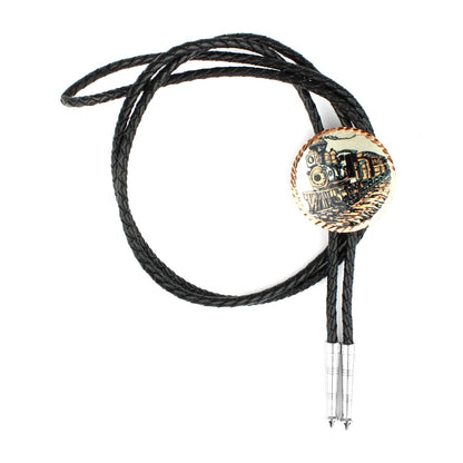 Round Etched Copper Steam Train Bolo Tie 40 inch Black Cord Made in USA