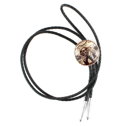 Round Etched Copper Grizzly Bear Bolo Tie 40 inch Black Cord Made in USA