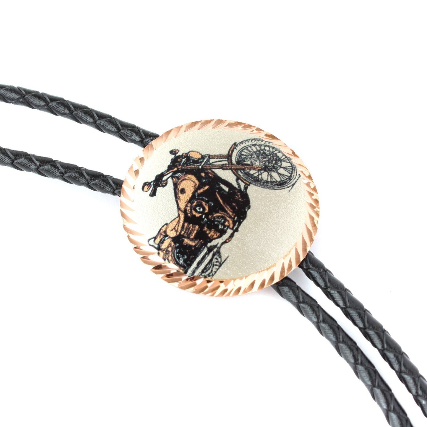 Round Etched Copper Harley Motorcycle Bolo Tie 40 inch Black Cord Made in USA
