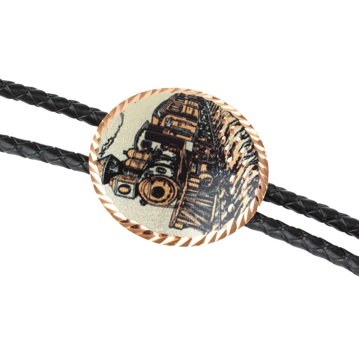 Round Etched Copper Steam Train Bolo Tie 40 inch Black Cord Made in USA