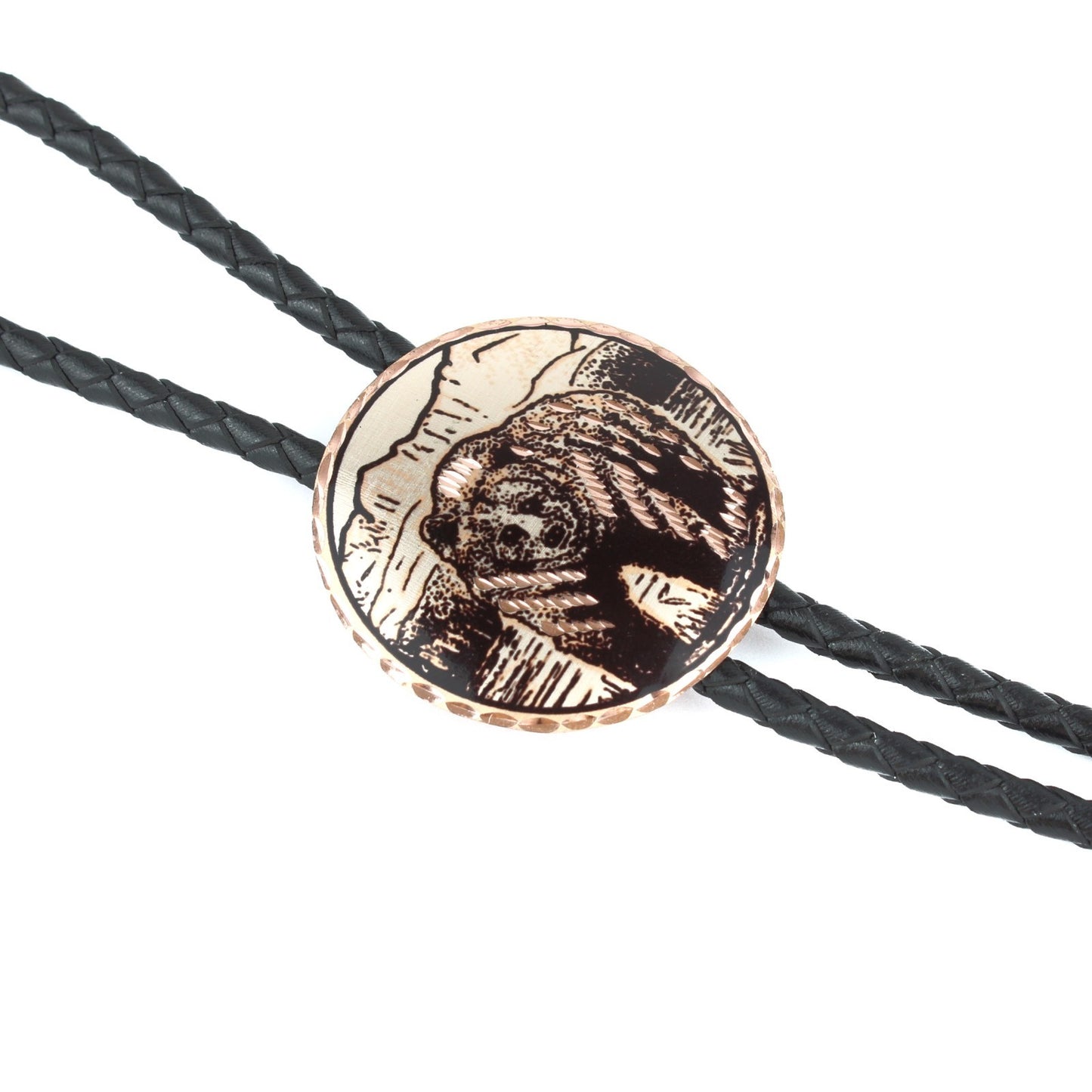 Round Etched Copper Grizzly Bear Bolo Tie 40 inch Black Cord Made in USA