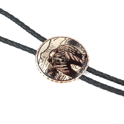 Round Etched Copper Grizzly Bear Bolo Tie 40 inch Black Cord Made in USA