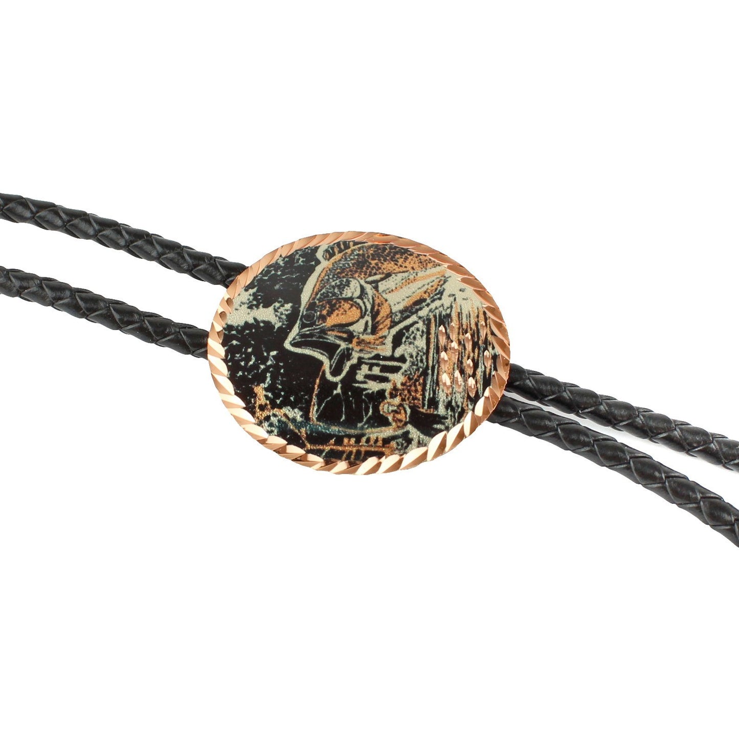 Round Etched Copper Bass Fisherman Bolo Tie 40 inch Black Cord Made in USA