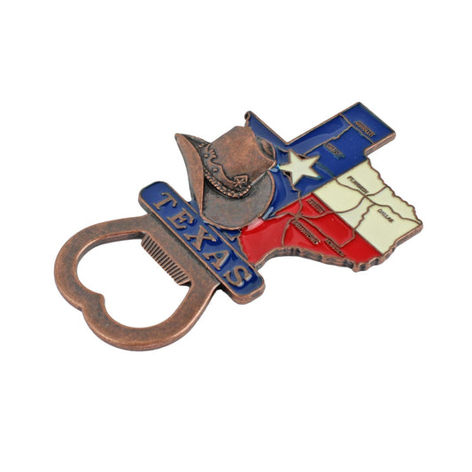 Western Texas Map Hat Metal Fridge Magnet Hand Held Bottle Opener Color Enamel