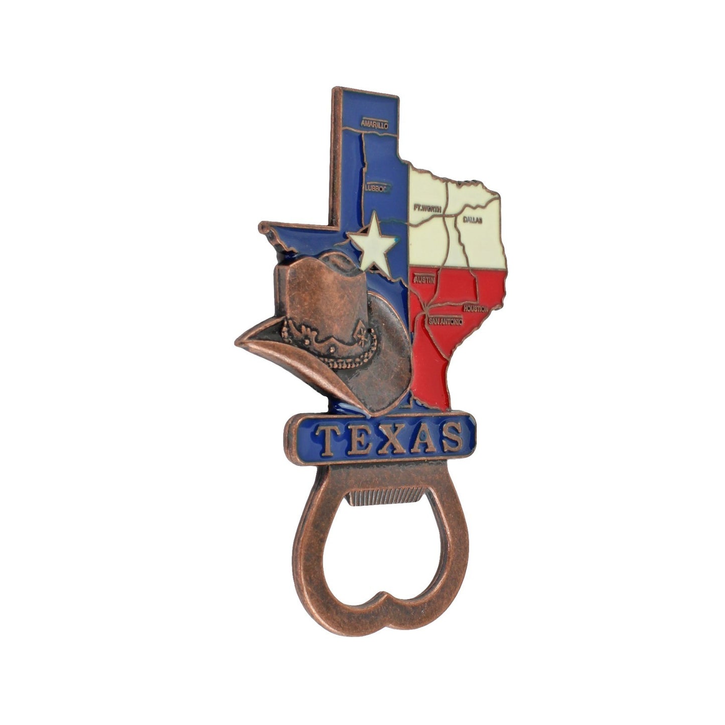 Western Texas Map Hat Metal Fridge Magnet Hand Held Bottle Opener Color Enamel