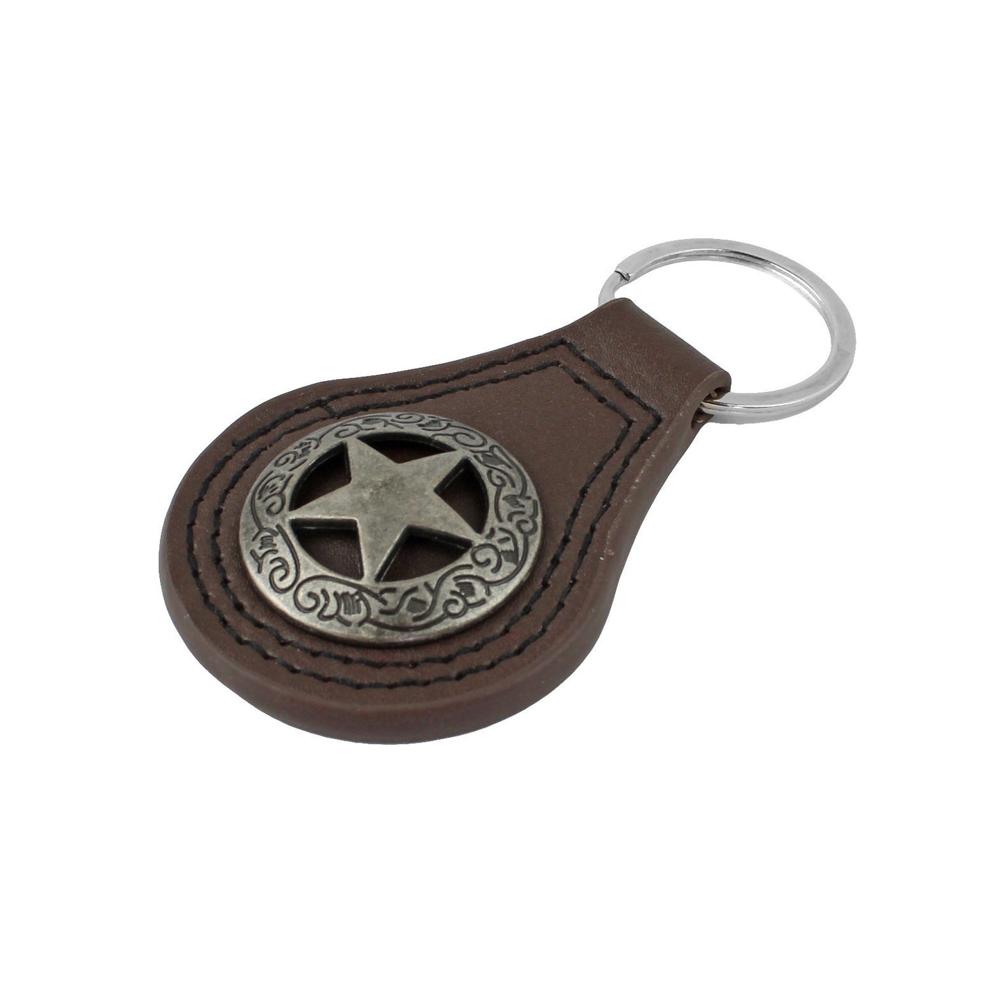 Silver Texas Star Concho Brown Leather Keychain Keyring Fob Cowboy Gift 3.5 inch