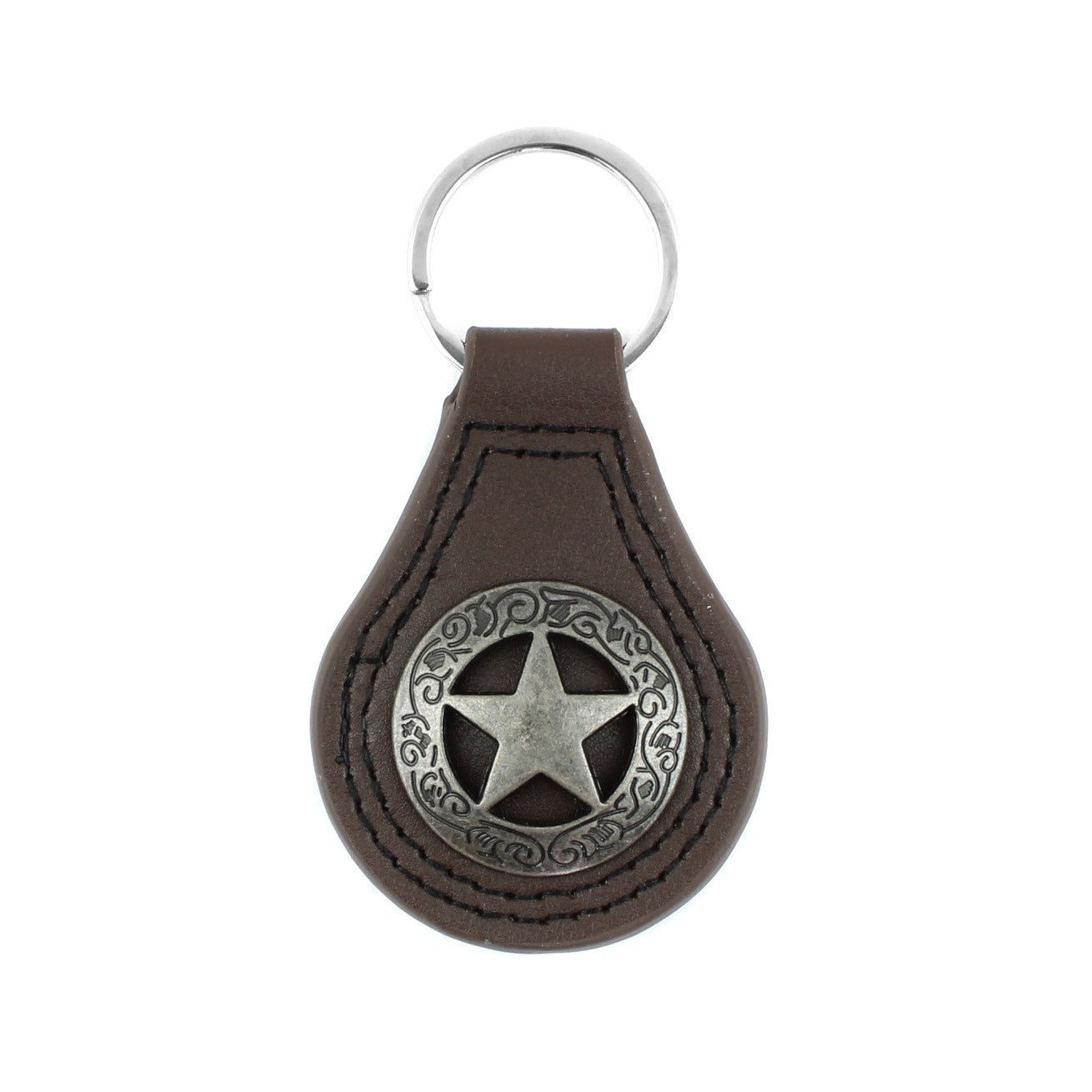 Silver Texas Star Concho Brown Leather Keychain Keyring Fob Cowboy Gift 3.5 inch