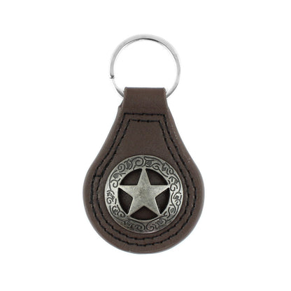 Silver Texas Star Concho Brown Leather Keychain Keyring Fob Cowboy Gift 3.5 inch