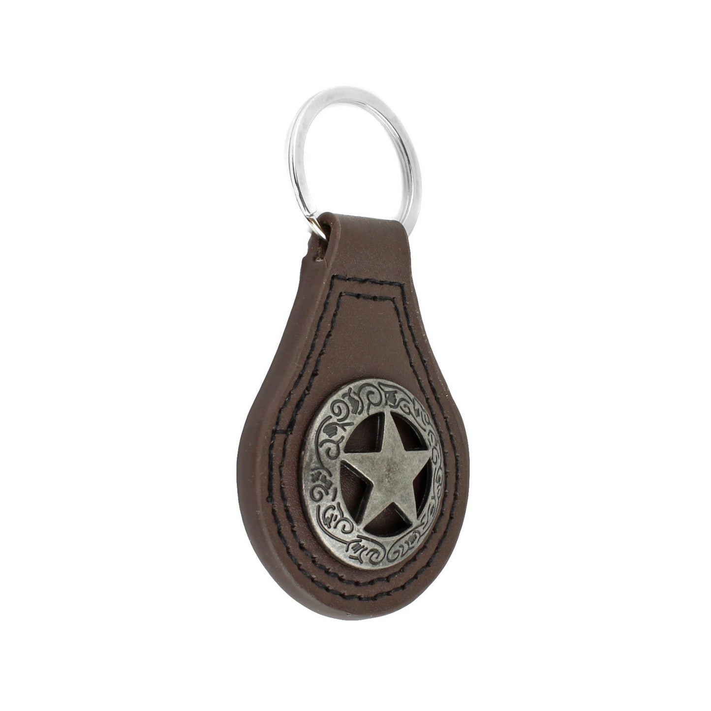 Silver Texas Star Concho Brown Leather Keychain Keyring Fob Cowboy Gift 3.5 inch