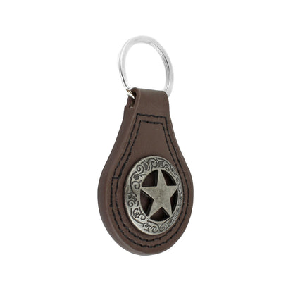 Silver Texas Star Concho Brown Leather Keychain Keyring Fob Cowboy Gift 3.5 inch