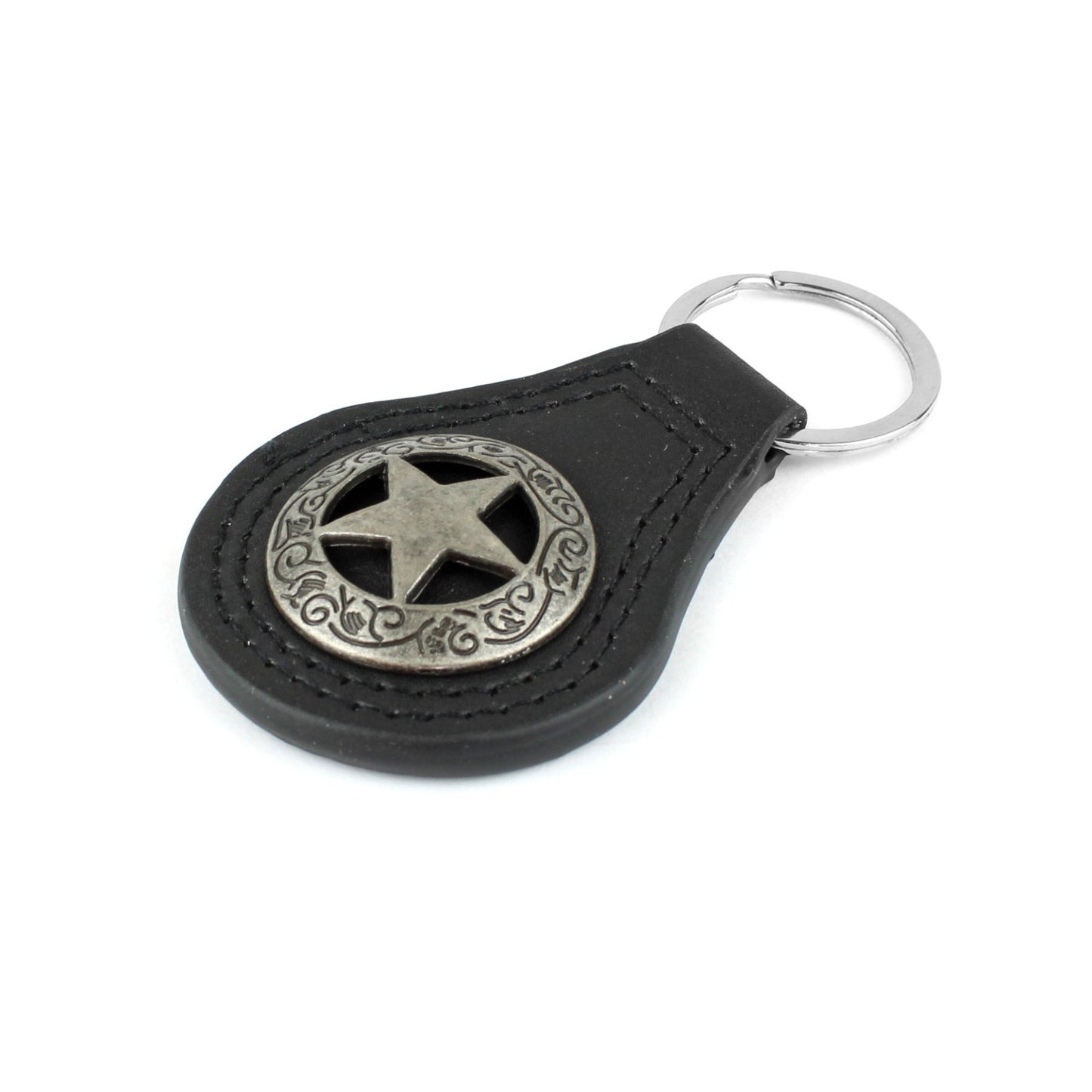 Silver Texas Star Concho Black Leather Keychain Keyring Fob Cowboy Gift 3.5 inch